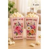 Baloncu Nene Pembe Çiçek Temalı Mısır Kutusu 8’li Set 8x11 cm Doğum Günü Popcorn İkramlık Parti Kutusu