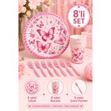 Baloncu Nene Pembe Kelebek Temalı Doğum Günü Parti Seti 8 Kişilik 24 Parça Karton Tabak Bardak Pembe Plastik Çatal