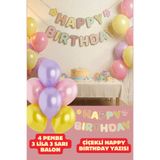 Baloncu Nene Renkli Çiçekli Happy Birthday Yazısı Balon Seti Sarı Lila Pembe Balon Doğum Günü Parti Süsleri