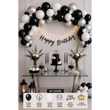 Baloncu Nene Siyah Gümüş Beyaz Doğum Günü Süsleme Seti 30’lu Balon Happy Birthday Yazısı ve 3 Metre Pilli LED
