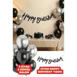 Baloncu Nene Siyah Happy Birthday Yazısı Doğum Günü Balon Seti Siyah Gümüş Balon Doğum Günü Parti Süsleri