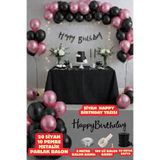 Baloncu Nene Siyah Pembe Metalik Balon Seti Happy Birthday Yazılı 30 Parça Balon Bandı Rafya Doğum Günü Süsleme