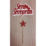 BALONCU PARTY DÜNYASI Pasta Üzeri Seni Seviyorum Simli Eva Yazı Kırmızı 23 Cm