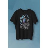 Baloncuk Köpük Tabancası Uzayda Astronot Cosmos Balon Baskılı Tişört Unisex T-Shirt - Siyah - XL