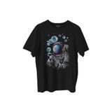 Baloncuk Köpük Tabancası Uzayda Astronot Cosmos Balon Baskılı Tişört Unisex T-shirt Siyah