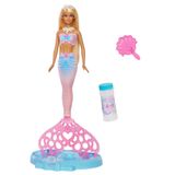 Baloncuk yapma özelliği ve solüsyonu ile uzun ve renkli meçli sarı saçları olan Barbie Baloncuk Rüyası Deniz Kızı bebek, tepsi ve tarak, JLW56