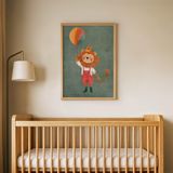 Balonlu Sevimli Aslan Çocuk Odası Duvar Posteri Çerçeveli Tablo Duvar Dekorasyonu - 30 x 40 - Ahşap Çerçeveli