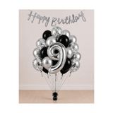 Balonsan -9- Yaş Gümüş Happy Bırthday Banner Temalı Balon Demeti 15 Adet