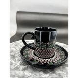 Bambam Art Studio El Yapımı Kişiye Özel Hediyelik Dot Mandala Fincan Seti - Siyah - Yeşil