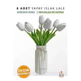 Bambapaw Beyaz Gerçeksi Dokulu Yapay Lale Buketi - 8 Li Islak Lale Seti, 32 Cm