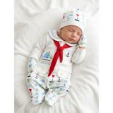 Bambik Erkek Bebek Denizci Temalı Patikli Tulum Seti (Tulum, Şapka, Eldiven) Marine Desenli Hastane Çıkışı - 3 - 6 Ay - Beyaz