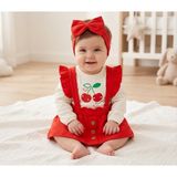 Bambik Imajbebe Kız Bebek Kiraz Baskılı Zıbınlı Salopet Elbise ve Bandana Takımı - Kırmızı - 0 - 3 Ay