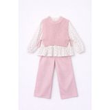 Bambino Gömlekli Bağcık Detaylı Triko Yelekli ve Pantolon 3’lü Takım - Pembe - 2 Yaş