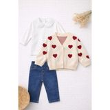 Bambino Kalp Desenli Triko Hırka Body Jean Pantolon 3’lü Takım - Krem - Kırmızı - 12 - 18 Ay