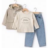 Bambino Kapüşonlu Trenç Mont, Sweatshirt, Jean Pantolon 3’lü Takım - Krem - 5 Yaş