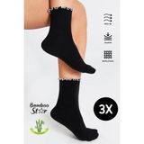 Bamboo Star Bambu Kadın Beyaz Fırfırlı Lastiksiz Dikişsiz Kadın Soket 3lü Siyah Çorap/ İz Bırakmaz / Sıkmayan Çorap - 36 - 40