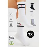 Bamboo Star Bambu Kalp Desenli Çizgili Premium Kolej Çorabı Unisex Dikişsiz Soket Çorap 3'lü Asorti Paket - 36 - 40 - Beyaz - Gri - Siyah