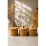 Bambu Baharatlık Seti 3'Lü Kaşıklı Kapaklı Tuzluk Çay Şekerlik Kahve Ve Baharat Saklama Kabı 9X9 Cm