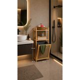Bambu Çamaşır Sepeti, Raflı ve Kapaklı, Çıkarılabilir Bezli, Banyo Organizeri, 40x30x95 cm