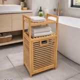 Bambu Çamaşır Sepeti ve Raflı Banyo Düzenleyici, Doğal Renk, 55 L Kapasiteli, Çıkarılabilir İç Sepetli