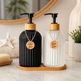 Bambu Detaylı Cam Sıvı Sabunluk Seti 500 ml