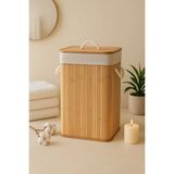 Bambu Dikdörtgen Katlanabilir Kirli Çamaşır Sepeti - 50x40 - Ahşap