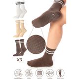 Bambu Kadın Kaydırmaz Taban Silikon Baskı Pilates Yoga Fitness Dans Aktivite Tenis Çorabı 3'lü Paket - Beyaz - Kahverengi - Bej - 36 - 40