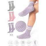 Bambu Kadın Kaydırmaz Taban Silikon Baskı Pilates Yoga Fitness Dans Aktivite Tenis Çorabı 3'lü Paket - Gri - Pembe - Lila - 36 - 40