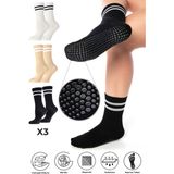 Bambu Kadın Kaydırmaz Taban Silikon Baskı Pilates Yoga Fitness Dans Aktivite Tenis Çorabı 3'lü Paket - Siyah - Beyaz - Bej - 36 - 40