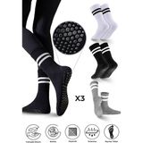 Bambu Kadın Kaydırmaz Taban Silikon Baskı Pilates Yoga Fitness Dans Aktivite Tenis Çorabı 3'lü Paket - Siyah - Beyaz - Gri - 36 - 40