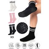 Bambu Kadın Kaydırmaz Taban Silikon Baskı Pilates Yoga Fitness Dans Aktivite Tenis Çorabı 3'lü Paket - Siyah - Beyaz - Pembe - 36 - 40