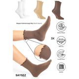 Bambu Kadın Lastiksiz Kahve-Beyaz-Bej Fırfırlı Soket Dikişsiz Çorap 3'lü Paket / Iz Bırakmaz Sıkmaz - Kahverengi - 36 - 40