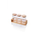 Bambu Kapaklı 3 Lü Borosilikat Cam Standlı Baharatlık