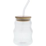 Bambu Kapaklı Cam Cam Pipetli Silikon Kapak Contalı Çizgi Desenli Soğuk Içecekler Için Kahve M