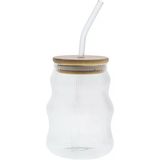 Bambu Kapaklı Cam Cam Pipetli Silikon Kapak Contalı Çizgi Desenli Soğuk Içecekler Için Kahve Meyve Suları Ve Çayları Için Ergonomik Şık Tasarım
