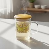 Bambu Kapaklı Cam Süzgeçli Kupa 350 ml | Bitki Çayı, Demleme Çay ve Kahve Kupası | Borosilika