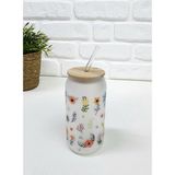 Bambu Kapaklı Çok Renkli Çiçek Desenli Pipetli Buzlu Cam Bardak - 500 ml