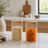 Bambu Kapaklı Dikdörtgen Cam Kavanoz 2’li Set 1500 ML, Şeffaf Erzak Saklama Kabı, Mutfak Düzenleyici Cam Kavanoz Seti, Bakliyat Makarna Kahve Pirinç Saklama Kabı