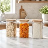 Bambu Kapaklı Dikdörtgen Cam Kavanoz 3’lü Set 1500 ML, Şeffaf Erzak Saklama Kabı, Mutfak Düzenleyici Cam Kavanoz Seti, Bakliyat Makarna Kahve Pirinç Saklama Kabı