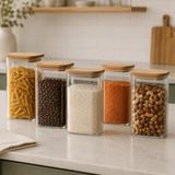 Bambu Kapaklı Dikdörtgen Cam Kavanoz 5’li Set 1500 ML, Şeffaf Erzak Saklama Kabı, Mutfak Düzenleyici Cam Kavanoz Seti, Bakliyat Makarna Kahve Pirinç Saklama Kabı