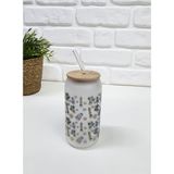 Bambu Kapaklı Kaktüs Desenli Pipetli Buzlu Cam Bardak - Renkli - 500 ml