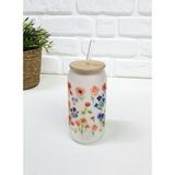 Bambu Kapaklı Kırmızı Mavi Çiçek Desenli Pipetli Buzlu Cam Bardak - Renkli - 500 ml
