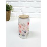 Bambu Kapaklı Mavi Yaprak ve Pembe Çiçek Desenli Pipetli Buzlu Cam Bardak - Renkli - 500 ml