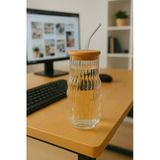 Bambu Kapaklı Motivasyon Cam Bardak / Suluk, 900 Ml, Pipet Hediyeli