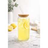 Bambu Kapaklı Pipetli Borosilikat Bardak, Kahve Bardağı, Isı Dayanıklı Bardak, 600 ml - Şeffaf