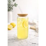 Bambu Kapaklı Pipetli Borosilikat Bardak, Kahve Bardağı, Isı Dayanıklı Bardak, 600 ml