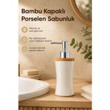Bambu Kapaklı Porselen Sıvı Sabunluk 300 ml Bej