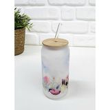 Bambu Kapaklı Renkli Çiçek Desenli Pipetli Buzlu Cam Bardak - 500 ml