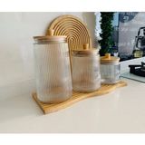 Bambu Kapaklı Vakumlu 3'lü Çizgili Kavanoz SETI(800/1300/1800 Ml) - Şeffaf - 3 Adet