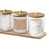 Bambu Kapaklı ve Makyaj Tepsili Qtip Tutucu Dispenseri - 10 oz Şeffaf Plastik Eczacı Kavanoz Kapları Makyaj Düzenleyici Depolama için - Pamuklu Çubuk, Top, Pedler, Diş İpi için Banyo Aksesuar Seti